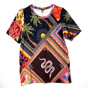 FARM RIO Printed Short Sleeve T-Shirt Tee Cotton Linen Multicolor Floral Palm